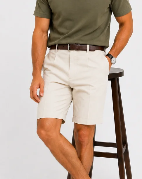 Aeterna Tapered Keten Krem Bermuda Şort