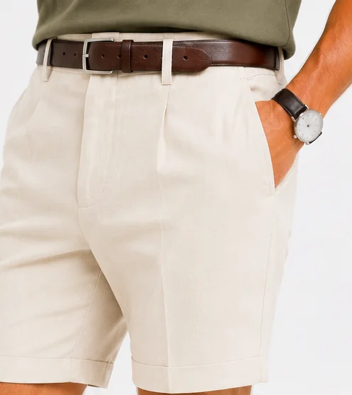 Aeterna Tapered Keten Krem Bermuda Şort