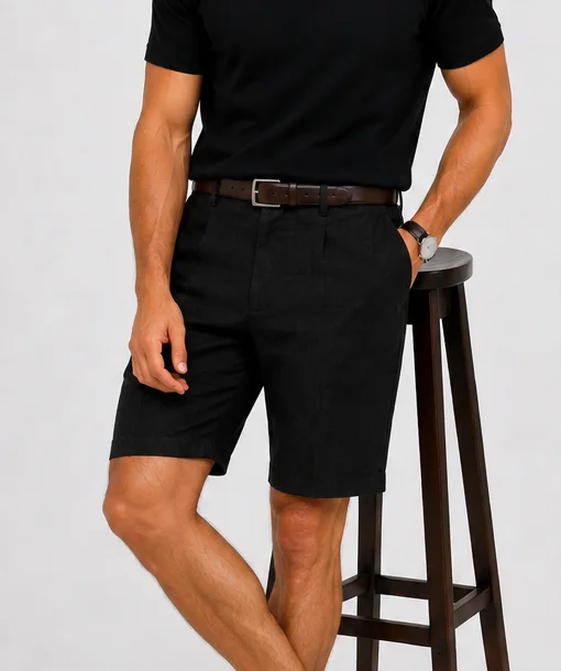 Aeterna Tapered Keten Siyah Bermuda Şort