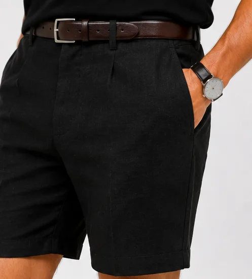 Aeterna Tapered Keten Siyah Bermuda Şort